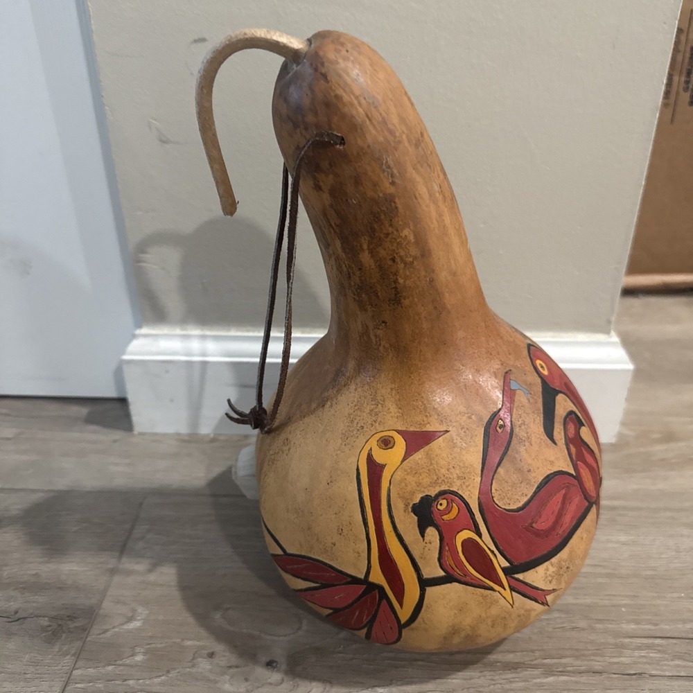 13" Native American Painted Gourd Folk Art Birds With Handle and Spout